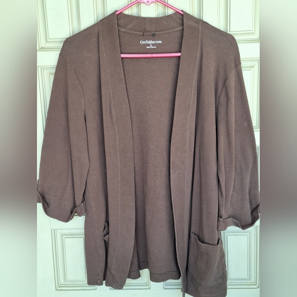 Croft&Barrow Kimono SzL Jacket 3/4Sleeves Brn Cuffs Shawl Collar Cotton Spandex